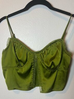 Olive Green Satin Lace Trim Crop Top